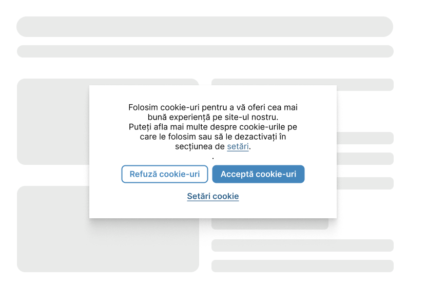 Exemplu de cookie banner cu butoane de accepta, refuza si setari