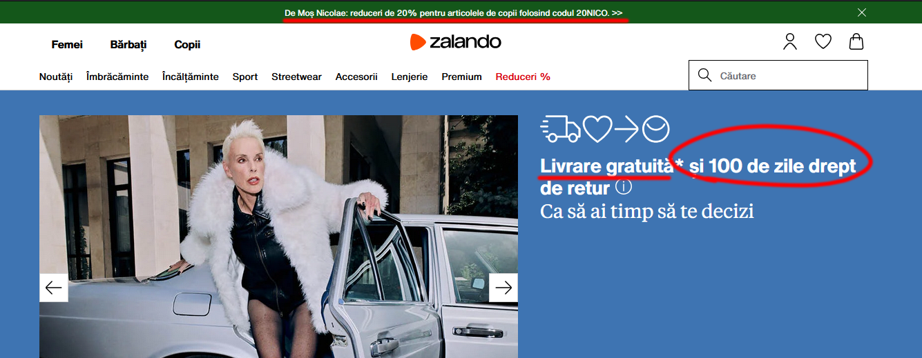 Hero section magazin Zalando care listeaza clar beneficiile si reducerile